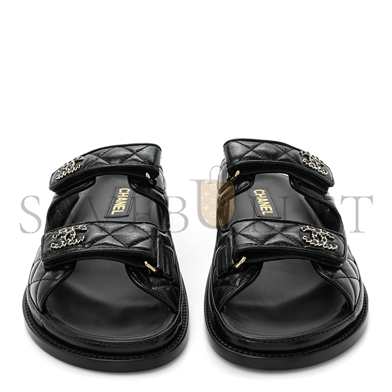 CHANEL LAMBSKIN QUILTED VELCRO DAD CHAIN CC SLIDE SANDALS BLACK G45507